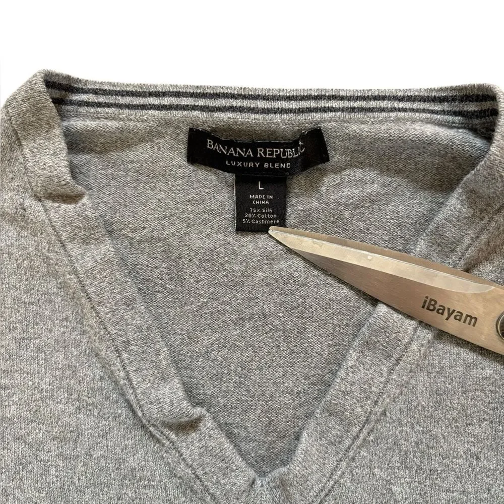 Banana Republic Sweater Silk Cashmere Luxury Blend V Neck Office Mens Large Gray